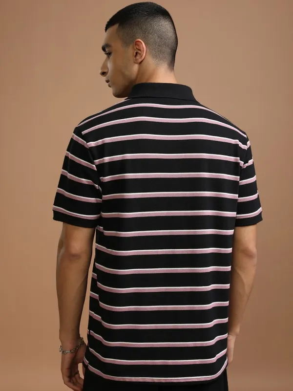 Highlander Men Black Striped Polo Collar T-Shirt