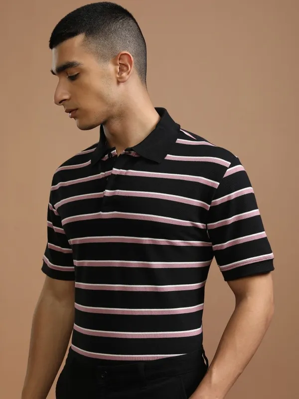 Highlander Men Black Striped Polo Collar T-Shirt