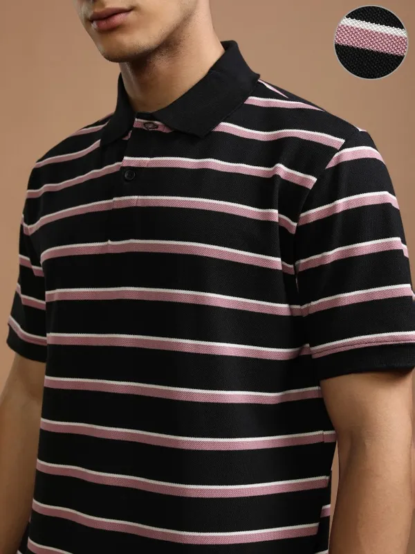 Highlander Men Black Striped Polo Collar T-Shirt
