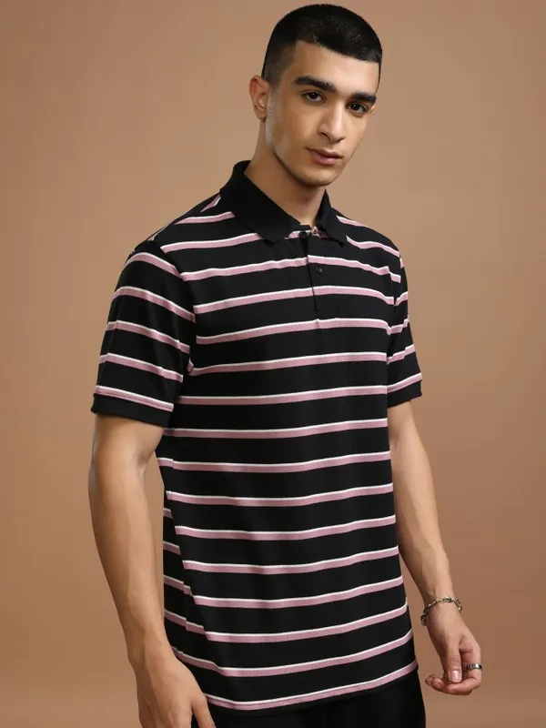 Highlander Men Black Striped Polo Collar T-Shirt