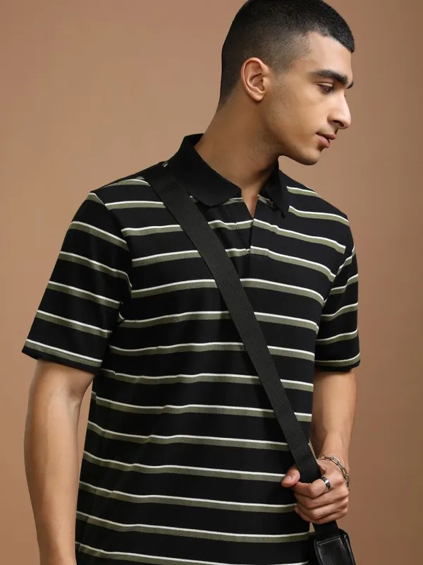 Highlander Men Black Striped Polo Collar T-Shirt