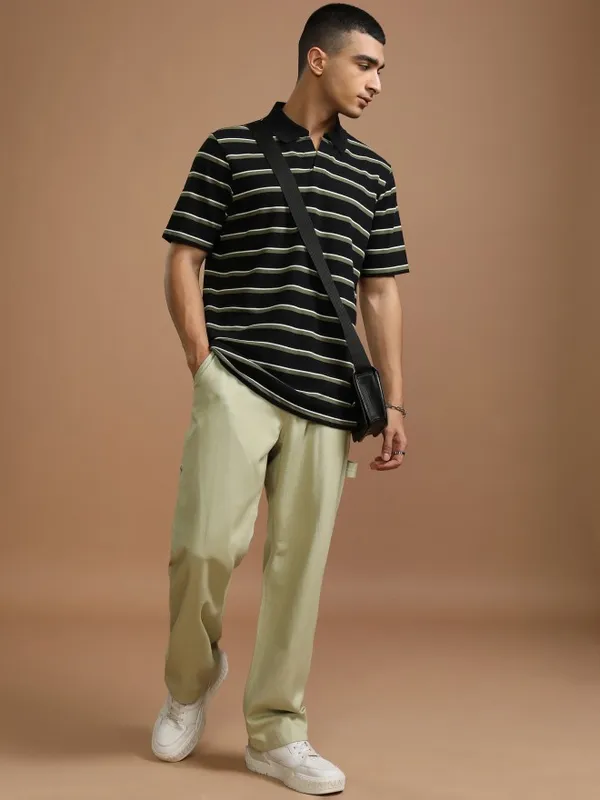 Highlander Men Black Striped Polo Collar T-Shirt