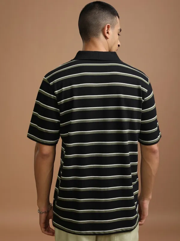 Highlander Men Black Striped Polo Collar T-Shirt