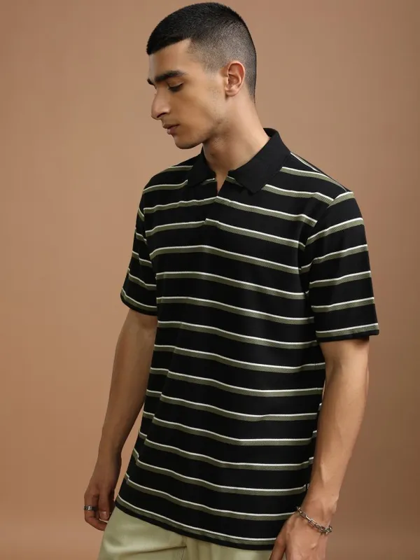 Highlander Men Black Striped Polo Collar T-Shirt