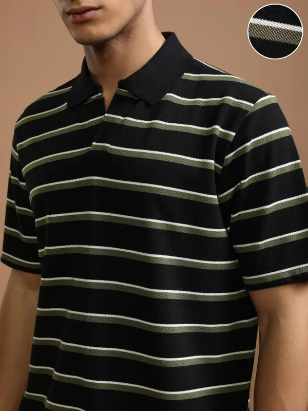 Highlander Men Black Striped Polo Collar T-Shirt