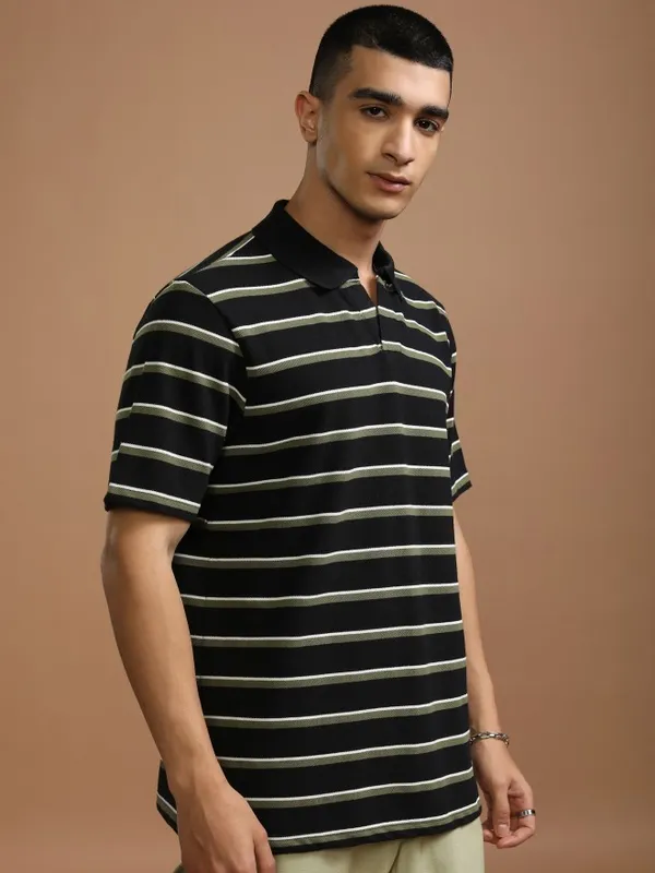 Highlander Men Black Striped Polo Collar T-Shirt