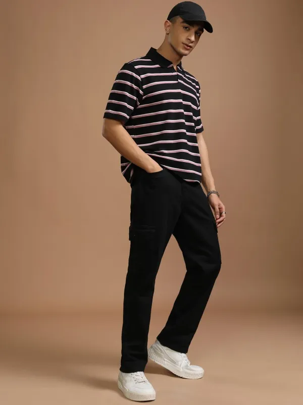 Highlander Men Black Striped Polo Collar T-Shirt