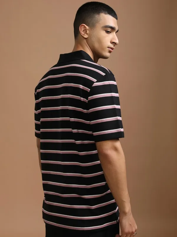 Highlander Men Black Striped Polo Collar T-Shirt