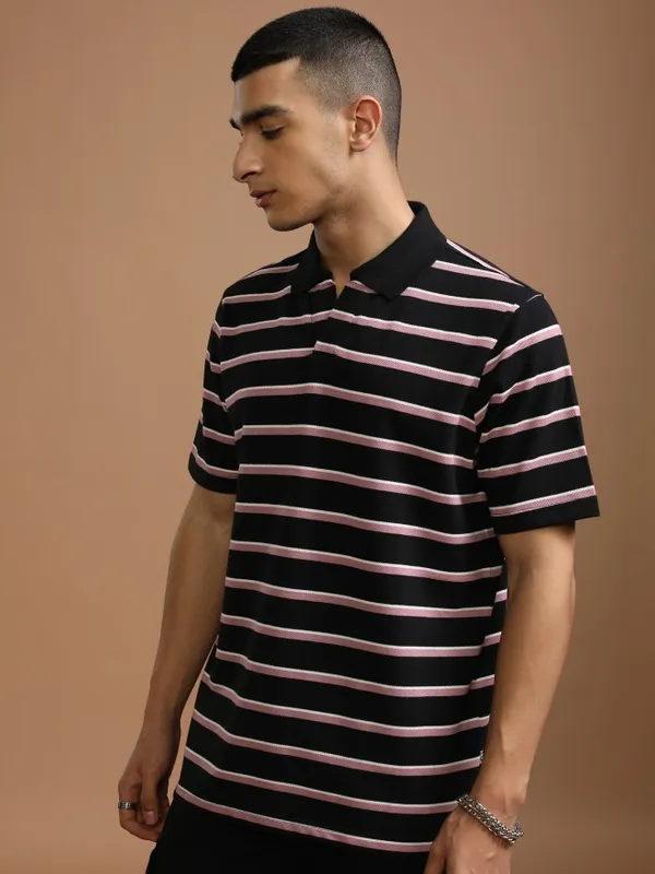 Highlander Men Black Striped Polo Collar T-Shirt