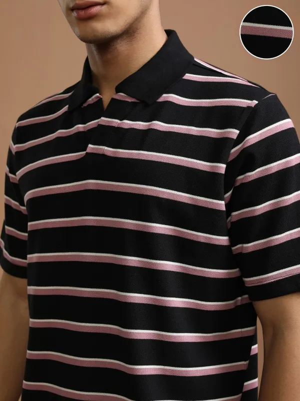Highlander Men Black Striped Polo Collar T-Shirt