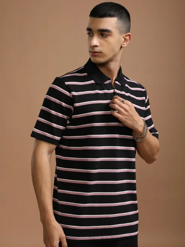 Highlander Men Black Striped Polo Collar T-Shirt