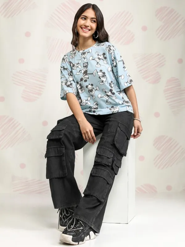 Disney By Tokyo Talkies Women Blue Mickey Mouse Printed Round Neck T-Shirt