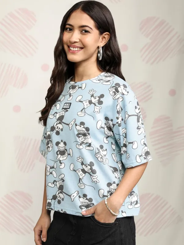 Disney By Tokyo Talkies Women Blue Mickey Mouse Printed Round Neck T-Shirt