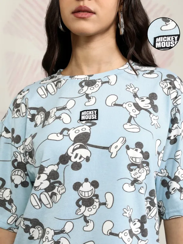 Disney By Tokyo Talkies Women Blue Mickey Mouse Printed Round Neck T-Shirt