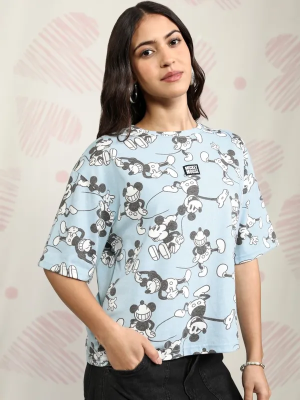 Disney By Tokyo Talkies Women Blue Mickey Mouse Printed Round Neck T-Shirt