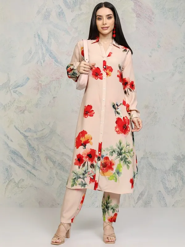 Vishudh Women Beige Printed Kurta With Trousers