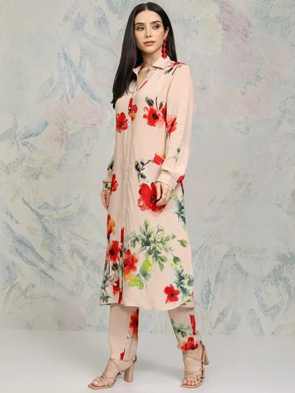 Vishudh Women Beige Printed Kurta With Trousers