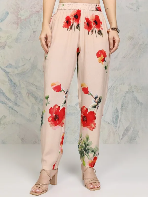 Vishudh Women Beige Printed Kurta With Trousers