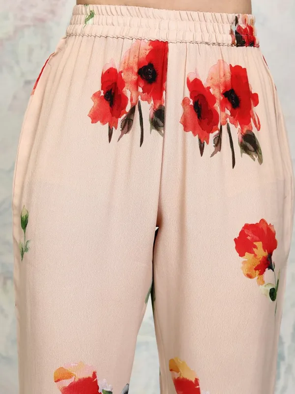 Vishudh Women Beige Printed Kurta With Trousers