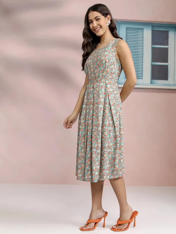 Tokyo Talkies Women Blue Printed Fit and Flare Dress