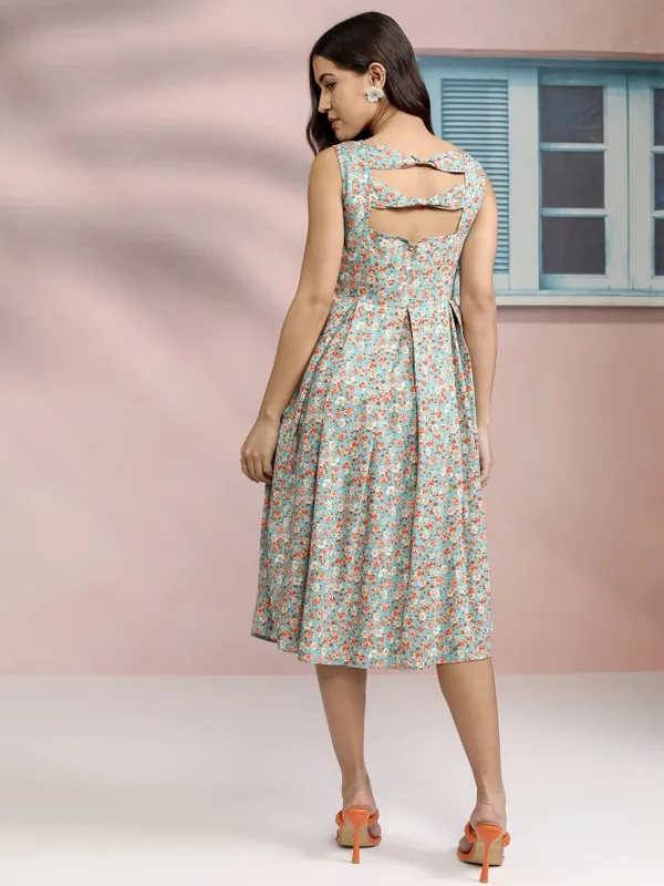 Tokyo Talkies Women Blue Printed Fit and Flare Dress