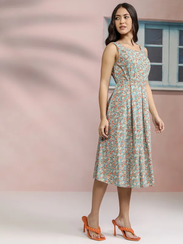 Tokyo Talkies Women Blue Printed Fit and Flare Dress