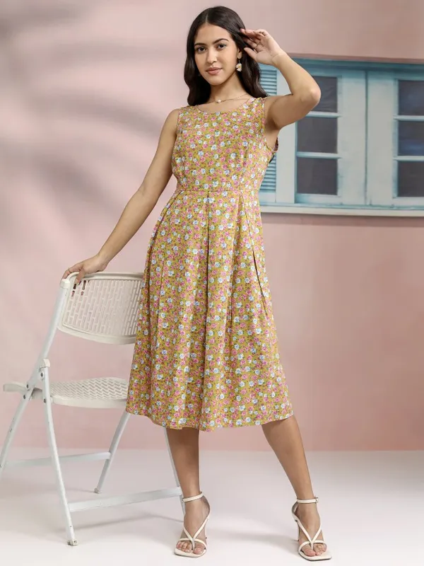 Tokyo Talkies Women Mustard Printed Fit And Flare Dress