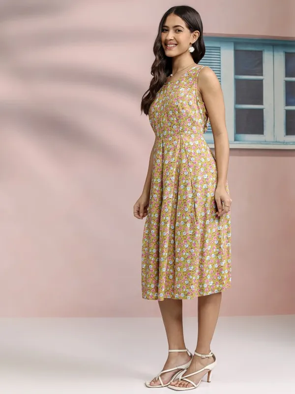 Tokyo Talkies Women Mustard Printed Fit And Flare Dress