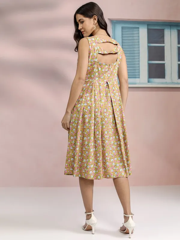 Tokyo Talkies Women Mustard Printed Fit And Flare Dress