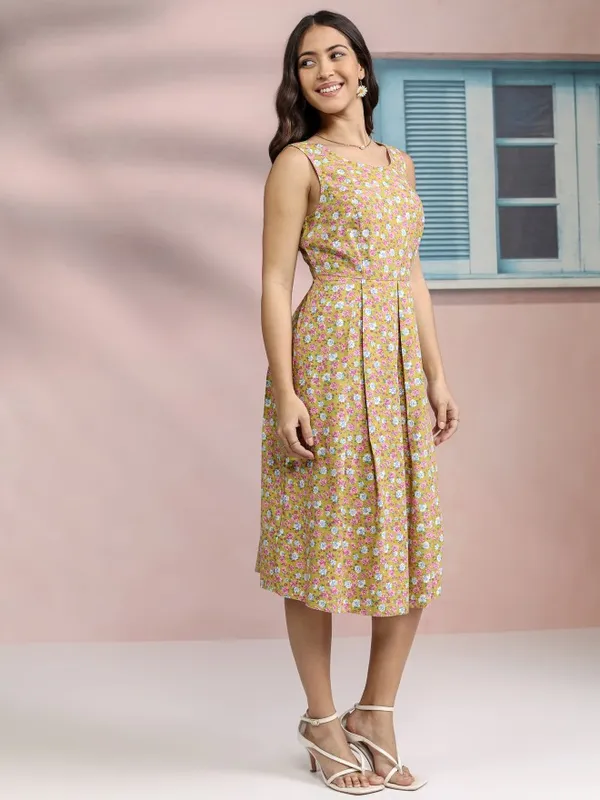 Tokyo Talkies Women Mustard Printed Fit And Flare Dress