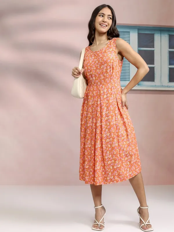 Tokyo Talkies Women Orange Printed Fit And Flare Dress