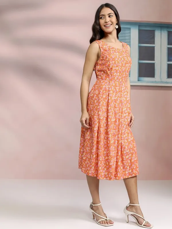 Tokyo Talkies Women Orange Printed Fit And Flare Dress