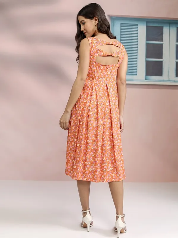 Tokyo Talkies Women Orange Printed Fit And Flare Dress