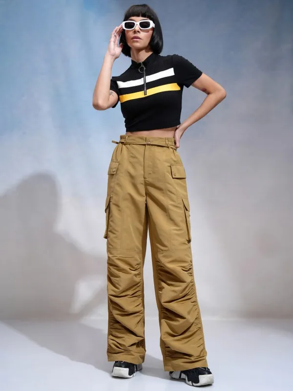 Tokyo Talkies Women Khaki Solid Regular Fit Cargos