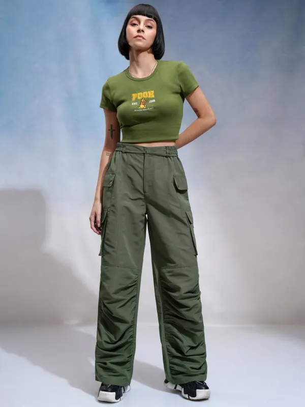 Tokyo Talkies Women Green Solid Regular Fit Cargos