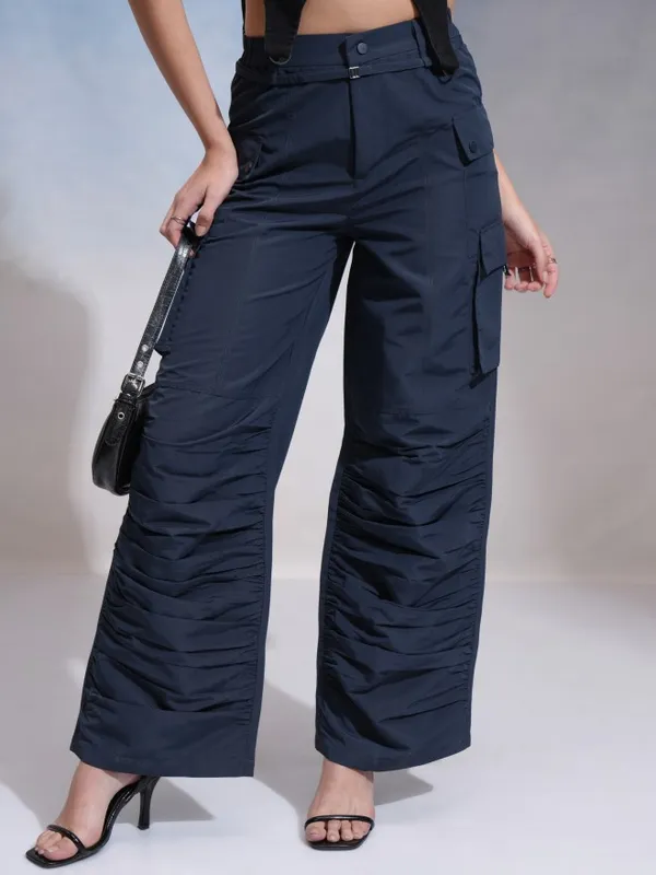 Tokyo Talkies Women Navy Blue Solid Flared Cargos