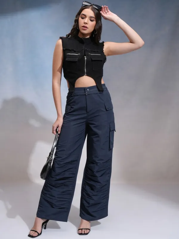 Tokyo Talkies Women Navy Blue Solid Flared Cargos