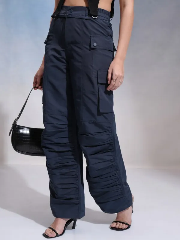 Tokyo Talkies Women Navy Blue Solid Flared Cargos