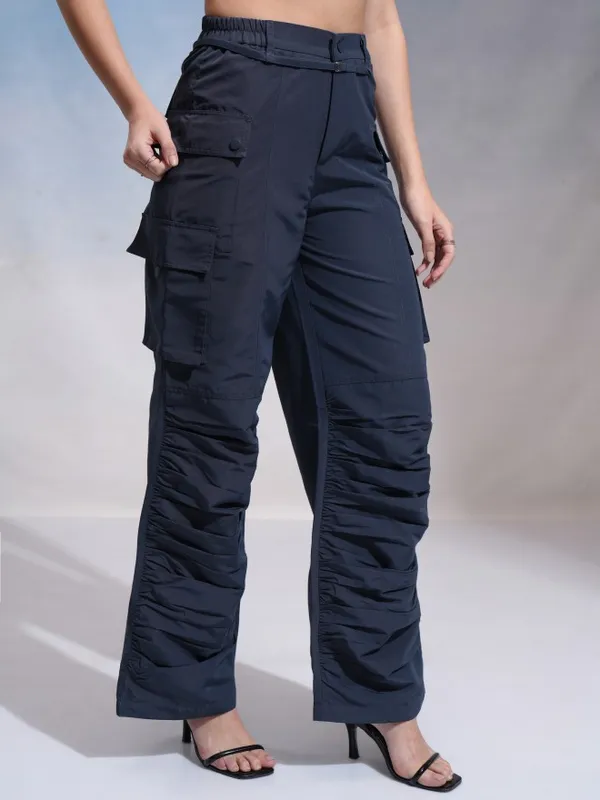 Tokyo Talkies Women Navy Blue Solid Flared Cargos