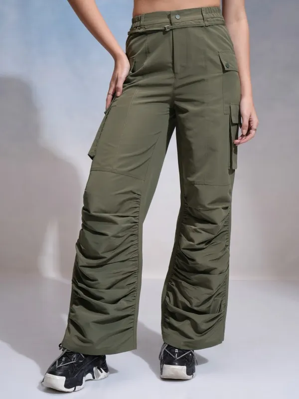 Tokyo Talkies Women Green Solid Flared Cargos