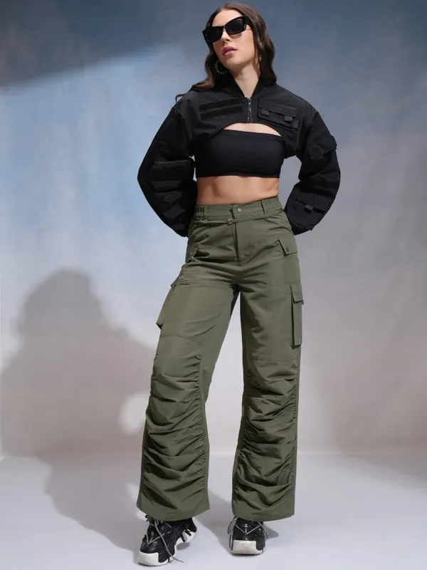 Tokyo Talkies Women Green Solid Flared Cargos