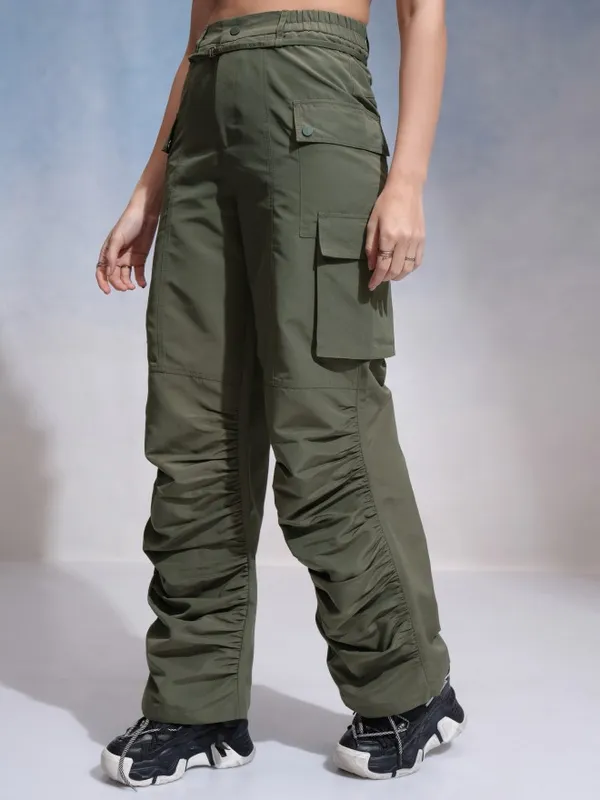 Tokyo Talkies Women Green Solid Flared Cargos