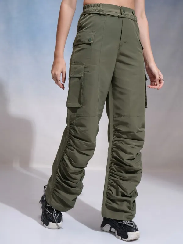 Tokyo Talkies Women Green Solid Flared Cargos