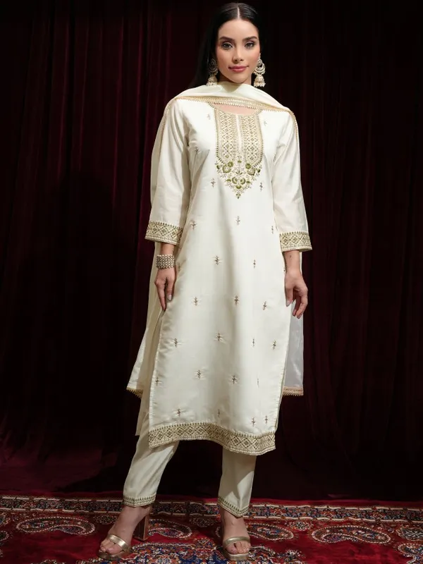 Vishudh Women Off White Kurta With Palazzos And Dupatta