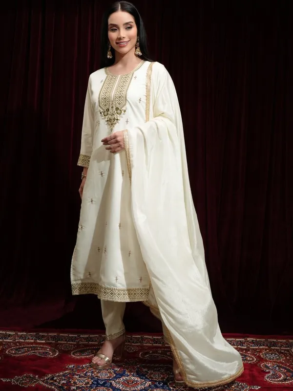 Vishudh Women Off White Kurta With Palazzos And Dupatta