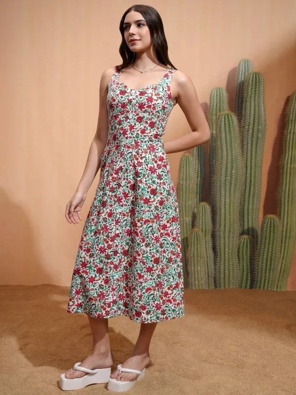 Tokyo Talkies Women White Printed A-Line Dress