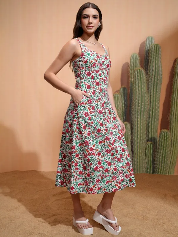 Tokyo Talkies Women White Printed A-Line Dress