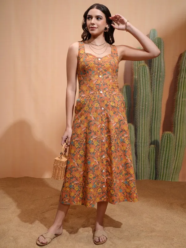 Tokyo Talkies Women Rust Printed A-Line Dress