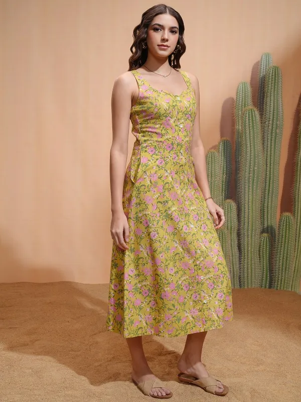Tokyo Talkies Women Yellow Printed A-Line Dress