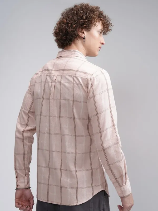 Highlander Men Peach Checked Slim Fit Casual Shirt